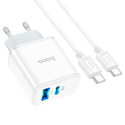 Зарядний пристрій HOCO C105A Stage 1xUSB-C PD20W + 1xUSB QC 3.0 + cable USB-C to USB-C White (6931474782922)