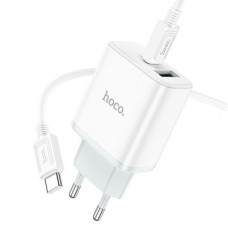 Зарядний пристрій HOCO C105A Stage 1xUSB-C PD20W + 1xUSB QC 3.0 + cable USB-C to USB-C White (6931474782922) - Фото