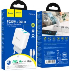 Зарядний пристрій HOCO C105A Stage 1xUSB-C PD20W + 1xUSB QC 3.0 + cable USB-C to USB-C White (6931474782922) - Фото