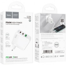 Зарядний пристрій HOCO C115A Header 2xUSB-C PD65W + 1xUSB QC3.0 GaN White (6931474798312) - Фото