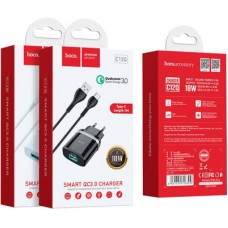 Зарядний пристрій HOCO C12Q Smart USB QC3.0 + cable USB to USB-C 18 W Black (6931474716293) - Фото