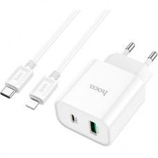 Зарядний пристрій HOCO C80A Plus Rapido 1xUSB-C PD20W + 1xUSB QC 3.0 + cable USB-C to Lightning White - Фото