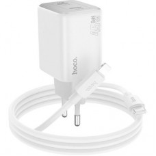 Зарядний пристрій HOCO N42 Elogiado 2xUSB-C PD45W + cable USB-C to Lightning White (6942007617116) - Фото