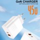 Зарядний пристрій WUW C209 1xUSB-C PD45W + 1xUSB QC3.0 18 White (WUW-C209)