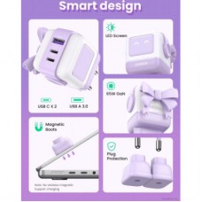 Зарядний пристрій Ugreen CD361 Robot tech Fast Charger 3xUSB 2xUSB-C + USB-A PD65W GaN Purple (35291) - Фото