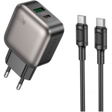 Зарядний пристрій BOROFONE BAS54A Absolute 1xUSB-C PD20W + 1xUSB QC 3.0 + cable USB-C to USB-C Black - Фото