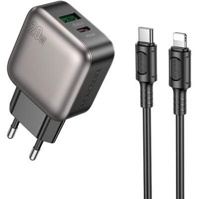 Зарядний пристрій BOROFONE BAS54A Absolute 1xUSB-C PD20W + 1xUSB QC 3.0 + cable USB-C to Lightning Black