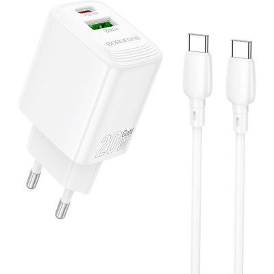 Зарядний пристрій BOROFONE BN27 Fuente 1xUSB-C PD20W + 1xUSB QC 3.0 + cable USB-C to USB-C White