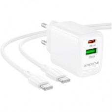 Зарядний пристрій BOROFONE BN27 Fuente 1xUSB-C PD20W + 1xUSB QC 3.0 + cable USB-C to USB-C White - Фото