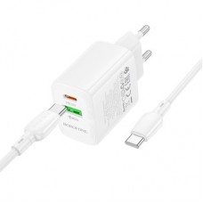 Зарядний пристрій BOROFONE BN27 Fuente 1xUSB-C PD20W + 1xUSB QC 3.0 + cable USB-C to USB-C White - Фото