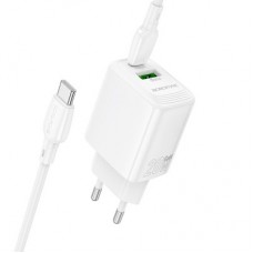 Зарядний пристрій BOROFONE BN27 Fuente 1xUSB-C PD20W + 1xUSB QC 3.0 + cable USB-C to USB-C White - Фото