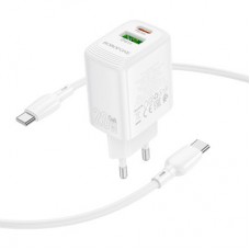 Зарядний пристрій BOROFONE BN27 Fuente 1xUSB-C PD20W + 1xUSB QC 3.0 + cable USB-C to USB-C White - Фото