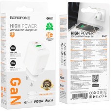 Зарядний пристрій BOROFONE BN27 Fuente 1xUSB-C PD20W + 1xUSB QC 3.0 + cable USB-C to USB-C White - Фото