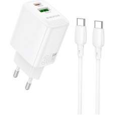 Зарядний пристрій BOROFONE BN29 Fuente 1xUSB-C PD30W + 1xUSB QC 3.0 + cable USB-C to USB-C White - Фото