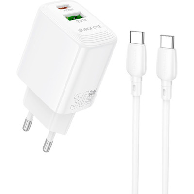 Зарядний пристрій BOROFONE BN29 Fuente 1xUSB-C PD30W + 1xUSB QC 3.0 + cable USB-C to USB-C White