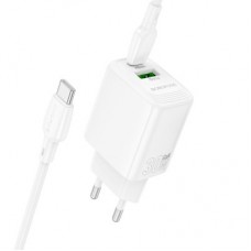 Зарядний пристрій BOROFONE BN29 Fuente 1xUSB-C PD30W + 1xUSB QC 3.0 + cable USB-C to USB-C White - Фото