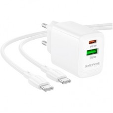 Зарядний пристрій BOROFONE BN29 Fuente 1xUSB-C PD30W + 1xUSB QC 3.0 + cable USB-C to USB-C White - Фото