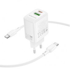 Зарядний пристрій BOROFONE BN29 Fuente 1xUSB-C PD30W + 1xUSB QC 3.0 + cable USB-C to USB-C White - Фото