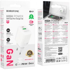 Зарядний пристрій BOROFONE BN29 Fuente 1xUSB-C PD30W + 1xUSB QC 3.0 + cable USB-C to USB-C White - Фото