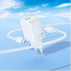 Зарядний пристрій BOROFONE BN29 Fuente 1xUSB-C PD30W + 1xUSB QC 3.0 + cable USB-C to USB-C White - Фото