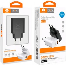 Зарядний пристрій WUW C172 1xUSB-C PD20W + 1xUSB QC3.0 18 White (з172W) - Фото