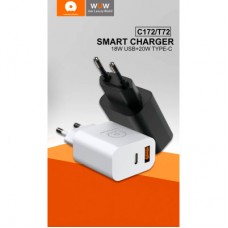 Зарядний пристрій WUW C172 1xUSB-C PD20W + 1xUSB QC3.0 18 White (з172W) - Фото