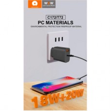 Зарядний пристрій WUW C172 1xUSB-C PD20W + 1xUSB QC3.0 18 White (з172W) - Фото