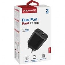 Зарядний пристрій Promate biplug-2 USB-C + USB-A 17 W Black (biplug-2.black) - Фото