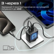 Зарядний пристрій Promate powerport-45 2xUSB-C PD + USB-A QC 45 W Black (powerport-45.black) - Фото