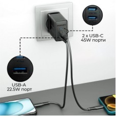 Зарядний пристрій Promate powerport-45 2xUSB-C PD + USB-A QC 45 W Black (powerport-45.black) - Фото