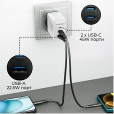 Зарядний пристрій Promate powerport-45 2xUSB-C PD + USB-A QC 45 W White (powerport-45.white) - Фото