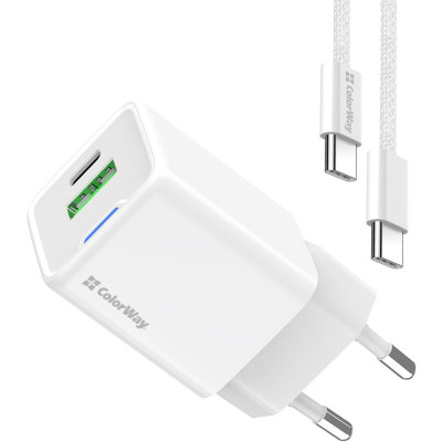 Зарядний пристрій ColorWay C101A GaN Mini 20 W PD PPS USB-C + USB-A QC4.0 + cable USB-C to USB-C black