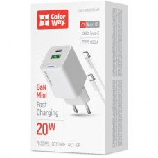 Зарядний пристрій ColorWay C101A GaN Mini 20 W PD PPS USB-C + USB-A QC4.0 + cable USB-C to USB-C black - Фото