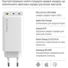 Зарядний пристрій ColorWay C101B GaN Mini 100 W PD PPS 2xUSB-C + USB-A white (CW-CHS061PD-WT) - Фото