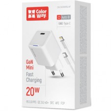 Зарядний пристрій ColorWay C101D GaN Mini 20W PD PPS USB-C + cable USB-C to Lightning white - Фото