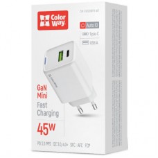 Зарядний пристрій ColorWay C101E GaN Mini 45 W PD PPS USB-C + USB-A QC4.0 white (CW-CHS060PD-WT) - Фото