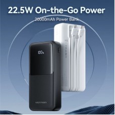 Батарея универсальная Vention 20000mAh 22.5W 3A, PD, QC/3.0, Built-in USB-C+Lightning Cables, White (FHPW0) - Фото