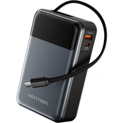 Батарея универсальная Vention 20000mAh 65W 3A PD, QC/3.0, USB-A, Type-C OUT, with Built-in USB-C Cable, LED