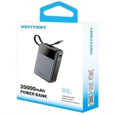 Батарея универсальная Vention 20000mAh 65W 3A PD, QC/3.0, USB-A, Type-C OUT, with Built-in USB-C Cable, LED - Фото