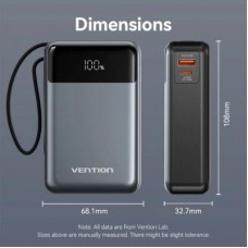 Батарея универсальная Vention 20000mAh 65W 3A PD, QC/3.0, USB-A, Type-C OUT, with Built-in USB-C Cable, LED - Фото