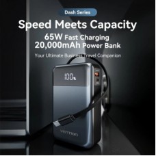 Батарея универсальная Vention 20000mAh 65W 3A PD, QC/3.0, USB-A, Type-C OUT, with Built-in USB-C Cable, LED - Фото