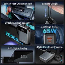 Батарея универсальная Vention 20000mAh 65W 3A PD, QC/3.0, USB-A, Type-C OUT, with Built-in USB-C Cable, LED - Фото