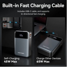 Батарея универсальная Vention 20000mAh 65W 3A PD, QC/3.0, USB-A, Type-C OUT, with Built-in USB-C Cable, LED - Фото