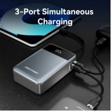 Батарея универсальная Vention 20000mAh 65W 3A PD, QC/3.0, USB-A, Type-C OUT, with Built-in USB-C Cable, LED - Фото