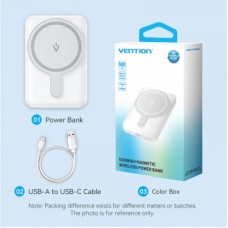 Батарея универсальная Vention Magnetic Wireless 5000mAh 20W 3A, PD USB-C, Light Indicator, White (FHSW0) - Фото