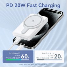 Батарея универсальная Vention Magnetic Wireless 5000mAh 20W 3A, PD USB-C, Light Indicator, White (FHSW0) - Фото