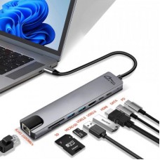 Концентратор Media-Tech USB-C 8-in-1 HDMI 4K/2xUSB-A/2xUSB-C/RJ45/SD/TF/PD 100W USB3.1 (MT5046) - Фото