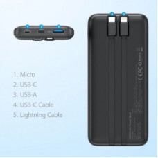 Батарея універсальна Choetech 10000 mAh 22,5W, MicroUSB, USB-A, USB-C, build-in USB-C/Lightning cable - Фото