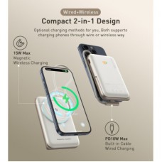 Батарея універсальна Choetech Magnetic Wireless 10000 mAh 20W, PD, Qi-15W, USB-C In/Out, buid-in cabel, White - Фото