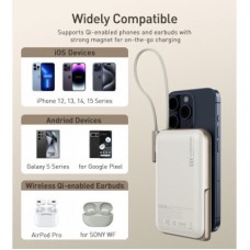 Батарея універсальна Choetech Magnetic Wireless 10000 mAh 20W, PD, Qi-15W, USB-C In/Out, buid-in cabel, White - Фото